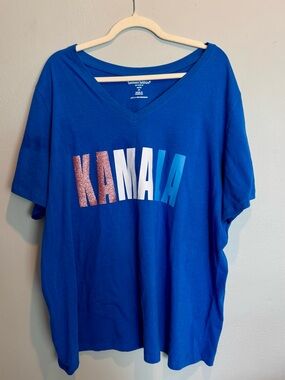 Woman Within Royal Blue V-Neck KAMALA Graphic Tee with Multi-Color Lettering
